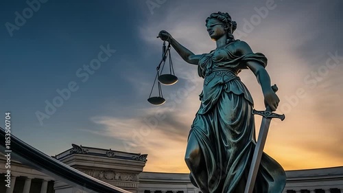 lady justice statue with scales at sunset outside courthouse