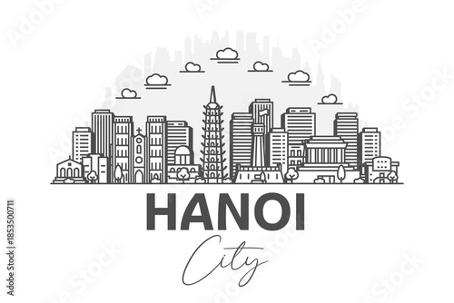 Hanoi, Vietnam architecture line skyline illustration with shadows. Linear vector cityscape with famous landmarks, city sights, design icons.
