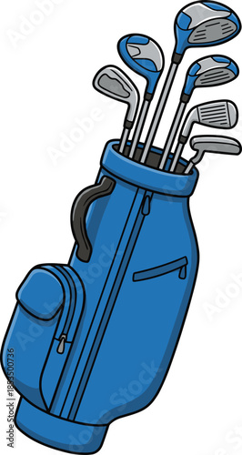 Blue Golf Bag Filled with Assorted Golf Clubs on White Background Keywords: golf, golf bag, golf clubs, sports equipment, athletic