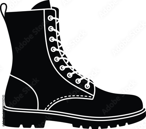 Black silhouette of a tall lace-up combat boot on a white background military army