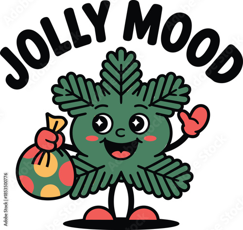 Cartoon fir tree character with face holding a gift bag and waving with the text JOLYMOD above