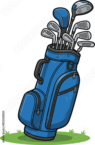 Blue Golf Bag Filled with Assorted Golf Clubs Standing on Green Grass Keywords: golf, sport, equipment, bag, clubs, golf clubs