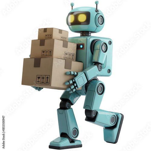 Friendly Futuristic Service Robot Walking with Stacked Cardboard Boxes for Automated Delivery and Logistics Concept Isolated on Transparent Background