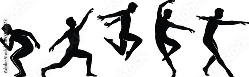 Silhouettes of dance movement sequence, crouch to upright pose, black figures, expressive motion, fluid gesture, athletic posture, choreography, white background, kinetic art