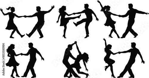 Silhouettes of dancing couples, partner dance poses, swing, ballroom, expressive movement, black figures, rhythm, coordination, mid-motion, celebration, artistic expression, energy