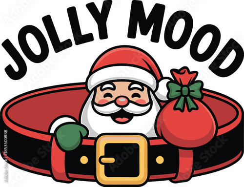 Cartoon Santa Claus peeking over a red and black belt holding a gift bag with a green ribbon Christmas