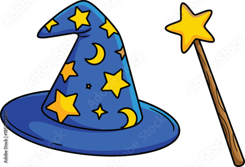 Blue Wizard Hat with Stars and Moon and Yellow Star Magic Wand vector illustration