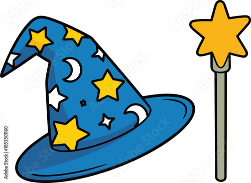 Blue Wizard Hat with Stars and Moon and Yellow Star Wand magic fantasy
