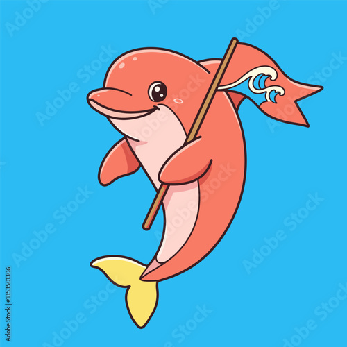 Cute cartoon marine animals swimming together in the blue ocean illustration