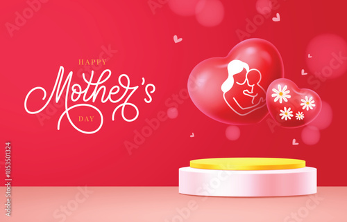 Happy Mother's Day horizontal banner featuring a product podium, script calligraphy, and 3D red heart balloons with mother-child line art and daisies.