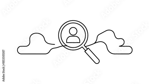 Magnifying glass focused on a person icon amidst abstract cloud shapes.