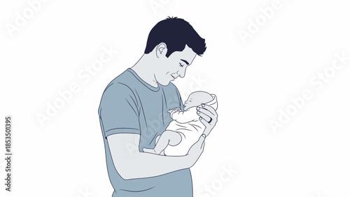 A father lovingly holds his newborn baby in his arms, looking down with a gentle smile.