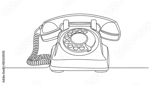 A detailed line drawing of a vintage rotary dial telephone, showcasing its classic design and coiled cord.