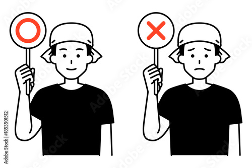 ○×マークを掲げる居酒屋の男性店員