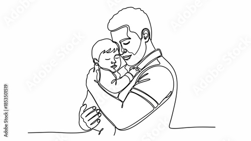 A heartwarming single-line drawing depicts a father tenderly holding his sleeping baby in his arms.