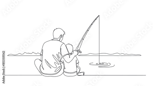 A father and son are sitting on the shore, fishing together with a fishing rod in the water.