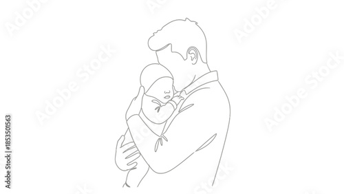 A minimalist line drawing depicts a father tenderly holding his baby in his arms, showcasing a moment of parental love and connection.