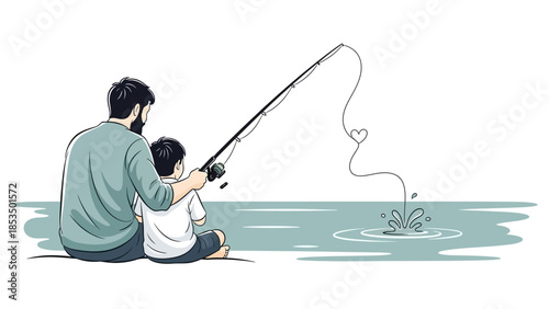 A father and son bonding while fishing together by the water, enjoying a peaceful moment.