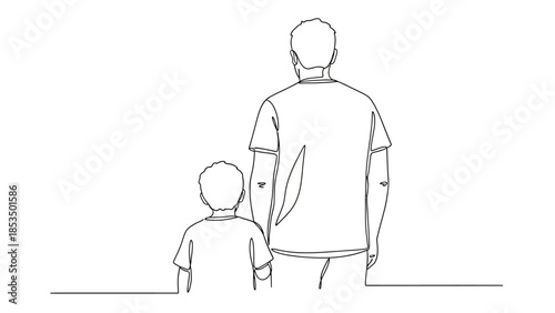 A father and son stand side-by-side, viewed from behind, in a simple line drawing.