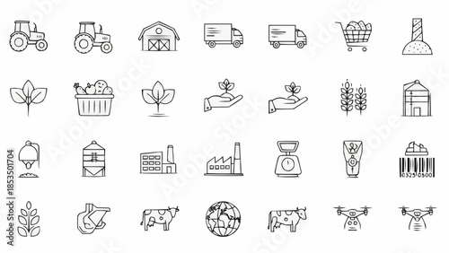 Collection of agricultural and farming icons in a simple line art style.