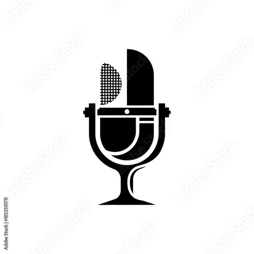 Elegant retro microphone logo design in black and white, symbolizing sound, communication, and broadcasting for podcasts, radio, and audio content