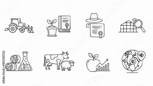 Collection of agricultural icons representing farming and science.