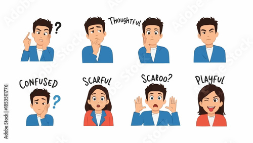 Collection of cartoon characters expressing different emotions and thoughts.
