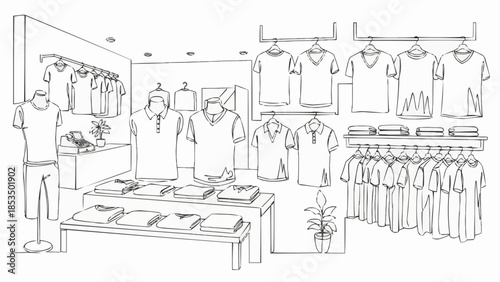 Clothing store interior with mannequins and racks of shirts.