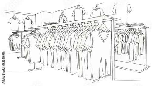 Clothing store interior with racks of apparel on display.