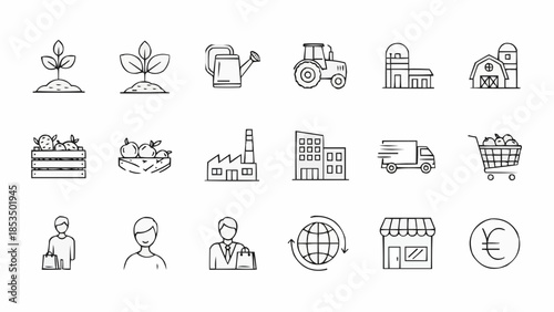 Collection of agricultural and business icons in a line art style.