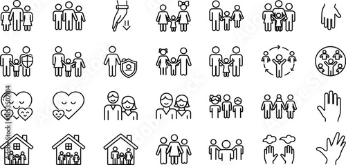 Family and community support line icons set featuring parents, children, home protection, social care, and unity symbols.