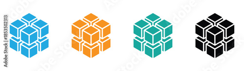 3D Cube Icon Design. Colorful cube formations in blue, orange, green, and black. Geometric Block Shape Symbol Illustration. Editable geometric cube vector icon. Mathematic, shape, volumetric.