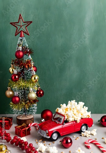 Festive winter celebration featuring a green pine Christmas tree adorned with gold star ornaments and colorful balls surrounded by holiday gifts for a New Year December season