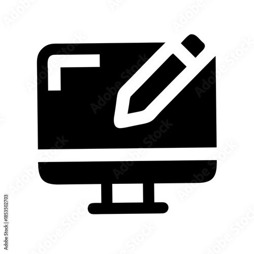  Black and white icon of computer monitor with pencil for digital content creation or editing