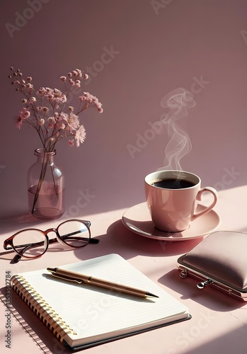 A closeup of a brown coffee mug on a wooden office desk next to a notebook, pen, and laptop for a morning business break at a cafe