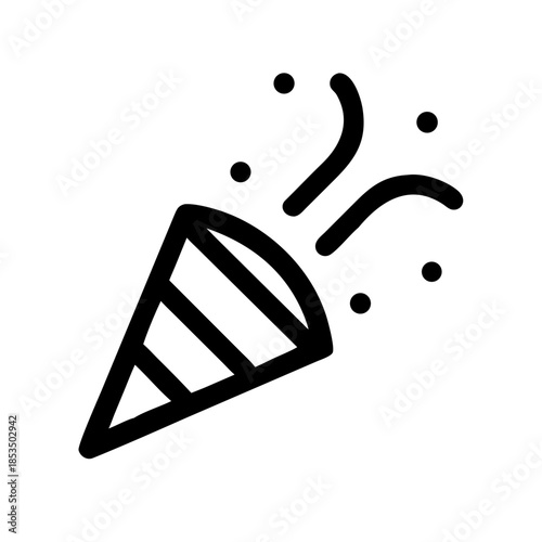Black and white icon of striped party popper emitting confetti and streamers for celebration or festive occasions