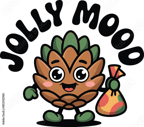 Cute cartoon pinecone character with a happy face holding a colorful gift bag and standing on white background