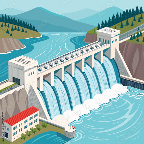 Hydropower Dam With Flowing Water Creative Visual Ideal for Marketing