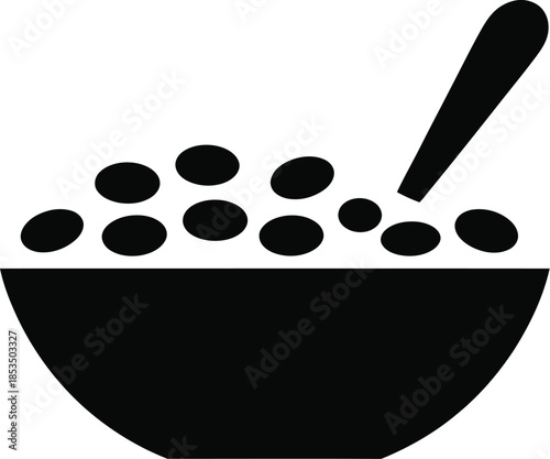 Bowl of cereal with spoon simple black and white icon for breakfast or food concepts isolated on white