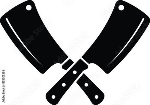Crossed butcher cleavers silhouette icon for meat industry and culinary concepts isolated on white background