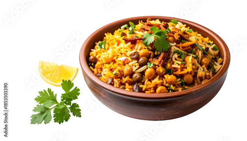 A colorful, spiced rice dish with chickpeas in a rustic bowl, lemon, and cilantro