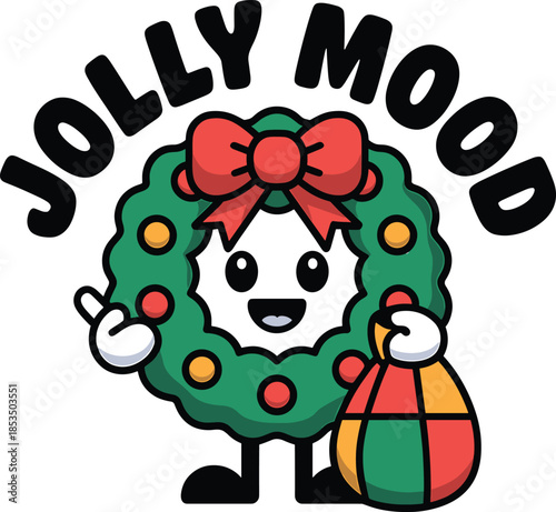 Cute Christmas wreath character with Santa hat and gift bag cartoon festive