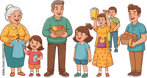 Community gathering, family support, cheerful people, donation event, food sharing, clothing contribution, happy children, elderly care, social unity, volunteer activity, kindness, celebration