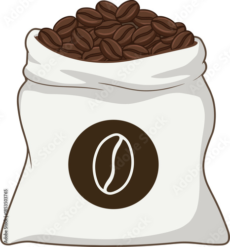 Cartoon bag of roasted coffee beans with a coffee bean logo on white background sack