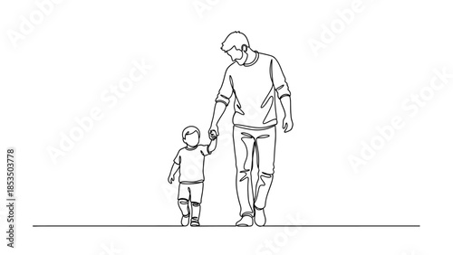A father holds his son's hand as they walk together in a simple, clean, line-art illustration