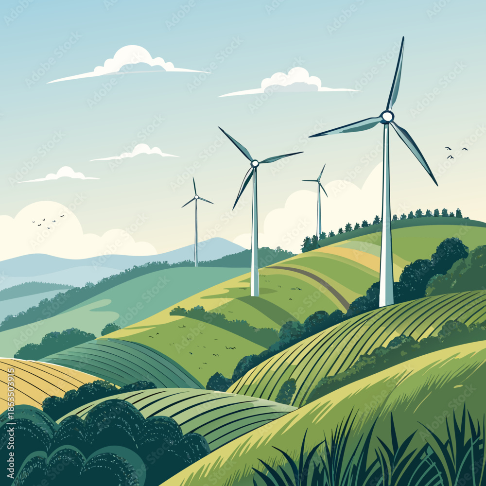 Fototapeta premium Beautiful Wind Energy Farm Hills Creative Visual