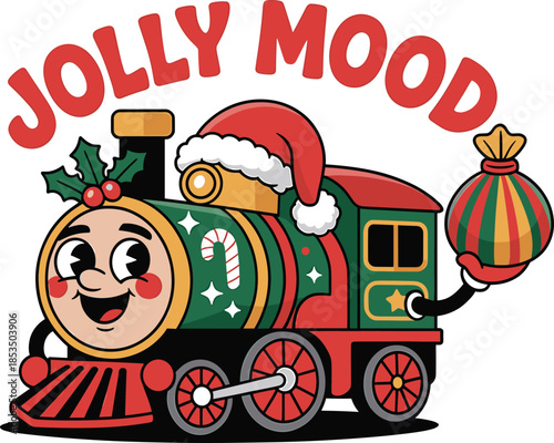 Festive cartoon Christmas train with Santa hat and gift bag holiday
