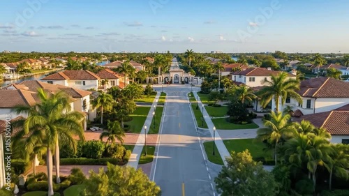 Luxury Miami gated community street aerial view, upscale suburban landscaping.