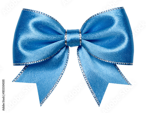 A close-up of a vibrant, glossy sky-blue bow, edged with silver. It's on a black background