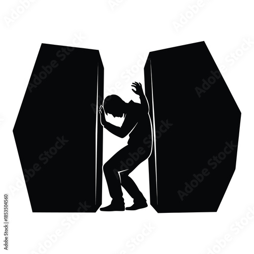 Man squeezed between two giant black blocks in distress